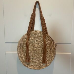Round Straw Tote Bag Woven‎ Macrame Straps Tassel Boho Summer Beach Purse